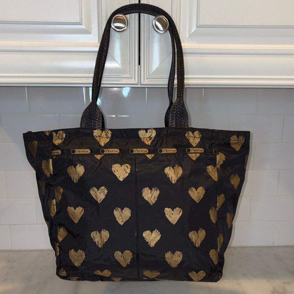 LeSportsac Tote Bag Shoulder Purse Lightweight Designer Y2K Black Gold Heart